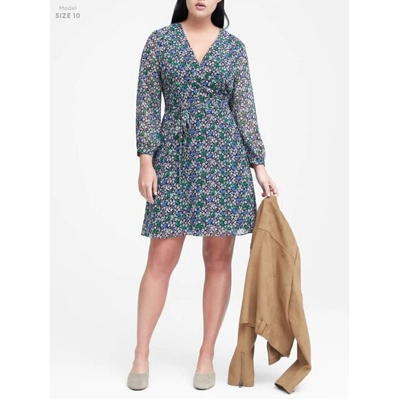 Banana Republic Blue & Green Floral Long Sleeve Wrap Mini Dress 2 - Picture 1 of 5
